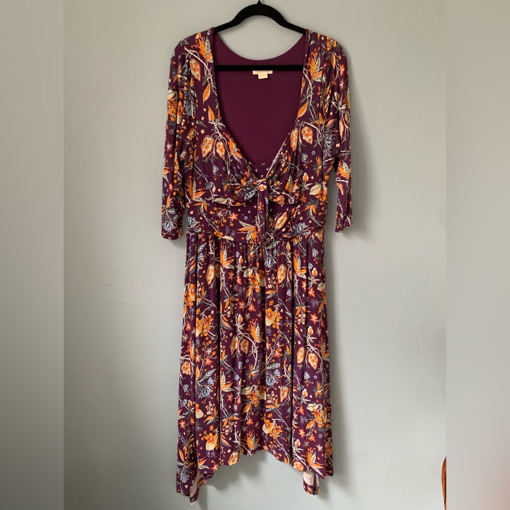 Anthropologie Plum Floral Midi Dress with Orange & Yellow Motif